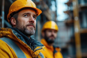 Two workers wear protective gear on a construction job site