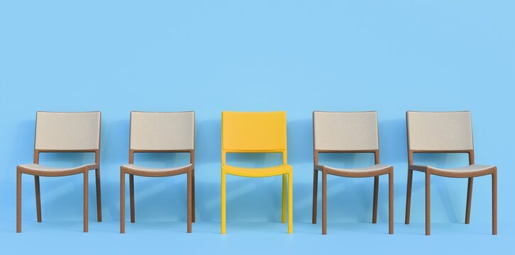 Row of chairs with one odd one out. Job opportunity. Business leadership. recruitment concept. 3D rendering