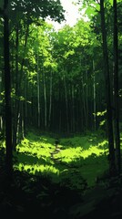 Obraz premium A serene forest scene with tall trees, vibrant green foliage, and a narrow path leading through a sunlit clearing.