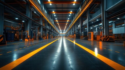 Modern factory interior, machinery, production, industry, lights, spacious, floor lines, background, manufacturing, website