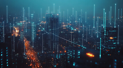 Smart digital Innovation city with connection network reciprocity over the twilight cityscape. of future smart wireless digital city and social media networking systems that connects people with city