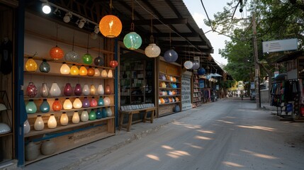 Colorful Hanging Lamps in a Sunny Outdoor Market Street Scene