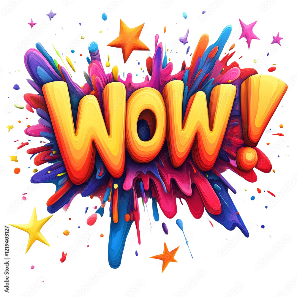 Poster a vibrant illustration of the word wow with an exclamation mark surrounded by colorful paint splashe