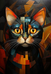Obraz premium a portrait of a cat with big yellow eyes, made in a cubist style, against an abstract background consisting of many bright geometric shapes