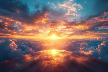 Obraz premium Golden Sunset Cloudscape Above Wooden Deck