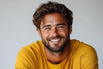 Obraz premium A cheerful man with a bright smile looks directly at the camera, wearing a sunny yellow shirt
