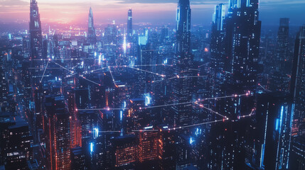 Fototapeta premium Smart digital Innovation city with connection network reciprocity over the twilight cityscape. of future smart wireless digital city and social media networking systems that connects people with city