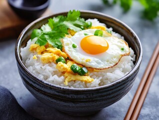Cooked rice with egg and vegetables in a bowl. Steamed white rice mixed with egg and vegetables in a ceramic bowl. Emphasizing protein and savory flavor. Ideal for food blogs and quick meals.