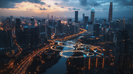 Fototapeta premium Smart digital Innovation city with connection network reciprocity over the twilight cityscape. of future smart wireless digital city and social media networking systems that connects people with city