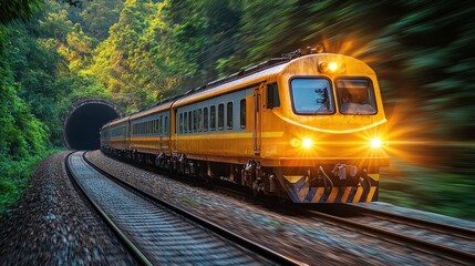 Obraz premium Fast Train Through Lush Green Forest Tunnel