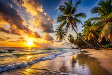 Fototapeta premium Serene Sunrise Beach: Golden Sands, Calm Ocean, Tropical Paradise