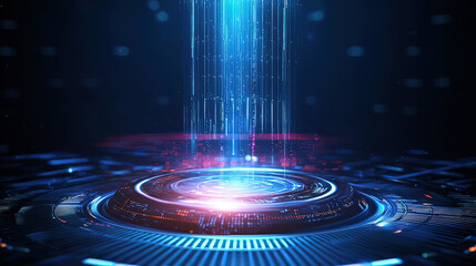 Holographic communication device projecting a 3D call, glowing neon beams of light, sleek futuristic backdrop