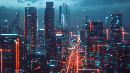 Fototapeta premium Smart digital Innovation city with connection network reciprocity over the twilight cityscape. of future smart wireless digital city and social media networking systems that connects people with city