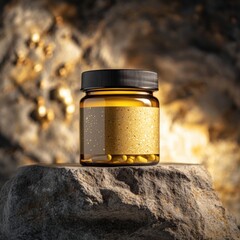 Glass jar with golden liquid and capsules on rock background