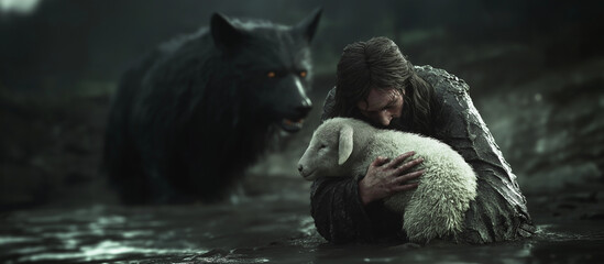 jesus hugging the lost lamb out of the mud, background blurred black roaring wolf