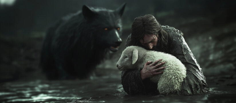 jesus hugging the lost lamb out of the mud, background blurred black roaring wolf