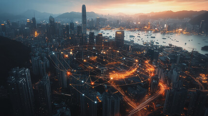 Fototapeta premium Smart digital Innovation city with connection network reciprocity over the twilight cityscape. of future smart wireless digital city and social media networking systems that connects people with city