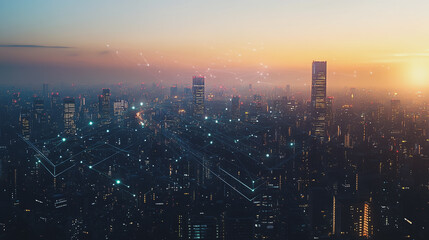 Fototapeta premium Smart digital Innovation city with connection network reciprocity over the twilight cityscape. of future smart wireless digital city and social media networking systems that connects people with city