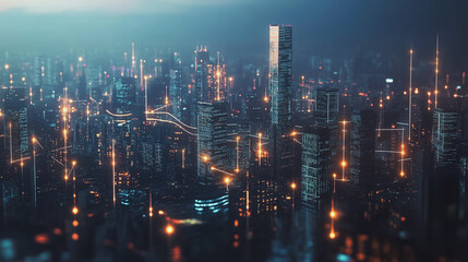 Fototapeta premium Smart digital Innovation city with connection network reciprocity over the twilight cityscape. of future smart wireless digital city and social media networking systems that connects people with city