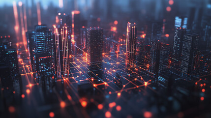 Obraz premium Smart digital Innovation city with connection network reciprocity over the twilight cityscape. of future smart wireless digital city and social media networking systems that connects people with city