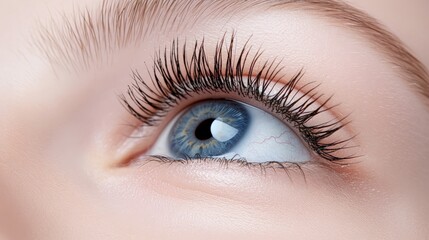 Obraz premium Macro closeup of a blue eye with long black eyelashes, highlighting the intricate details of the iris and surrounding skin texture, ideal for beauty, health, and vision related themes