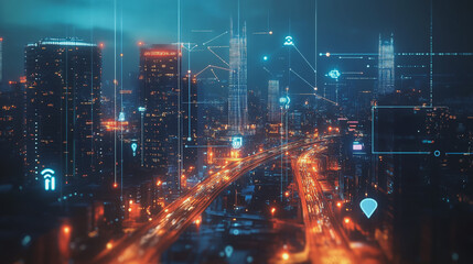 Obraz premium Smart digital Innovation city with connection network reciprocity over the twilight cityscape. of future smart wireless digital city and social media networking systems that connects people with city