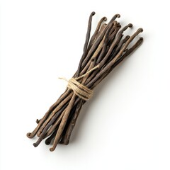 Dried vanilla beans tied with twine, isolated on white background, food ingredient, culinary use