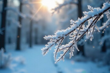 Obraz premium Icy tree limbs covered with sparkling frost and dew, ice, frost