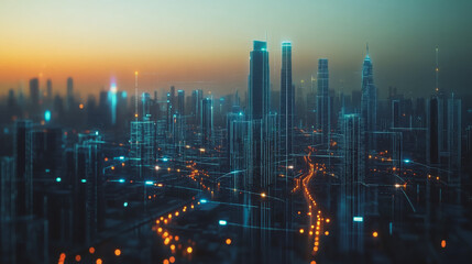 Fototapeta premium Smart digital Innovation city with connection network reciprocity over the twilight cityscape. of future smart wireless digital city and social media networking systems that connects people with city
