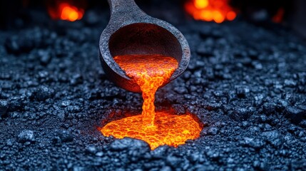 Molten metal pouring, forge, hot coals, fiery background, industry