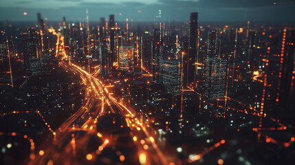 Obraz premium Smart digital Innovation city with connection network reciprocity over the twilight cityscape. of future smart wireless digital city and social media networking systems that connects people with city
