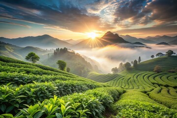 Serene Tea Plantation Double Exposure: Misty Hills and Lush Green Leaves