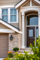 Luxury House Exterior: Modern Home Design with Stone Facade and Landscaped Entrance. Real Estate Photography