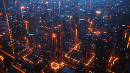 Obraz premium Smart digital Innovation city with connection network reciprocity over the twilight cityscape. of future smart wireless digital city and social media networking systems that connects people with city