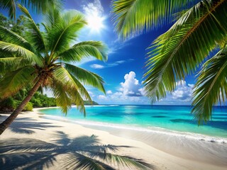 Obraz premium Serene Tropical Beach Paradise: Palm Trees, Turquoise Water, and White Sand