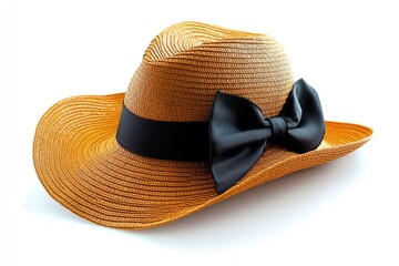 A straw hat with a black bow against a clean white background, perfect for use in fashion or lifestyle photography