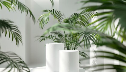 Obraz premium 3d render of minimal product display podium with palm leaves and sunlight.