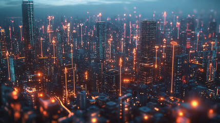 Obraz premium Smart digital Innovation city with connection network reciprocity over the twilight cityscape. of future smart wireless digital city and social media networking systems that connects people with city