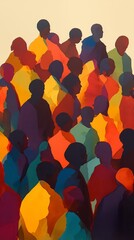 Abstract painting of a diverse crowd of silhouettes in bold colors, representing unity and movement.