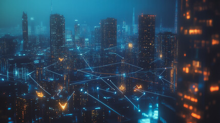 Smart digital Innovation city with connection network reciprocity over the twilight cityscape. of future smart wireless digital city and social media networking systems that connects people with city