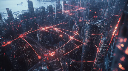 Obraz premium Smart digital Innovation city with connection network reciprocity over the twilight cityscape. of future smart wireless digital city and social media networking systems that connects people with city