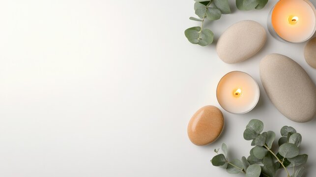 Soft natural tones create serene atmosphere with candles and peb