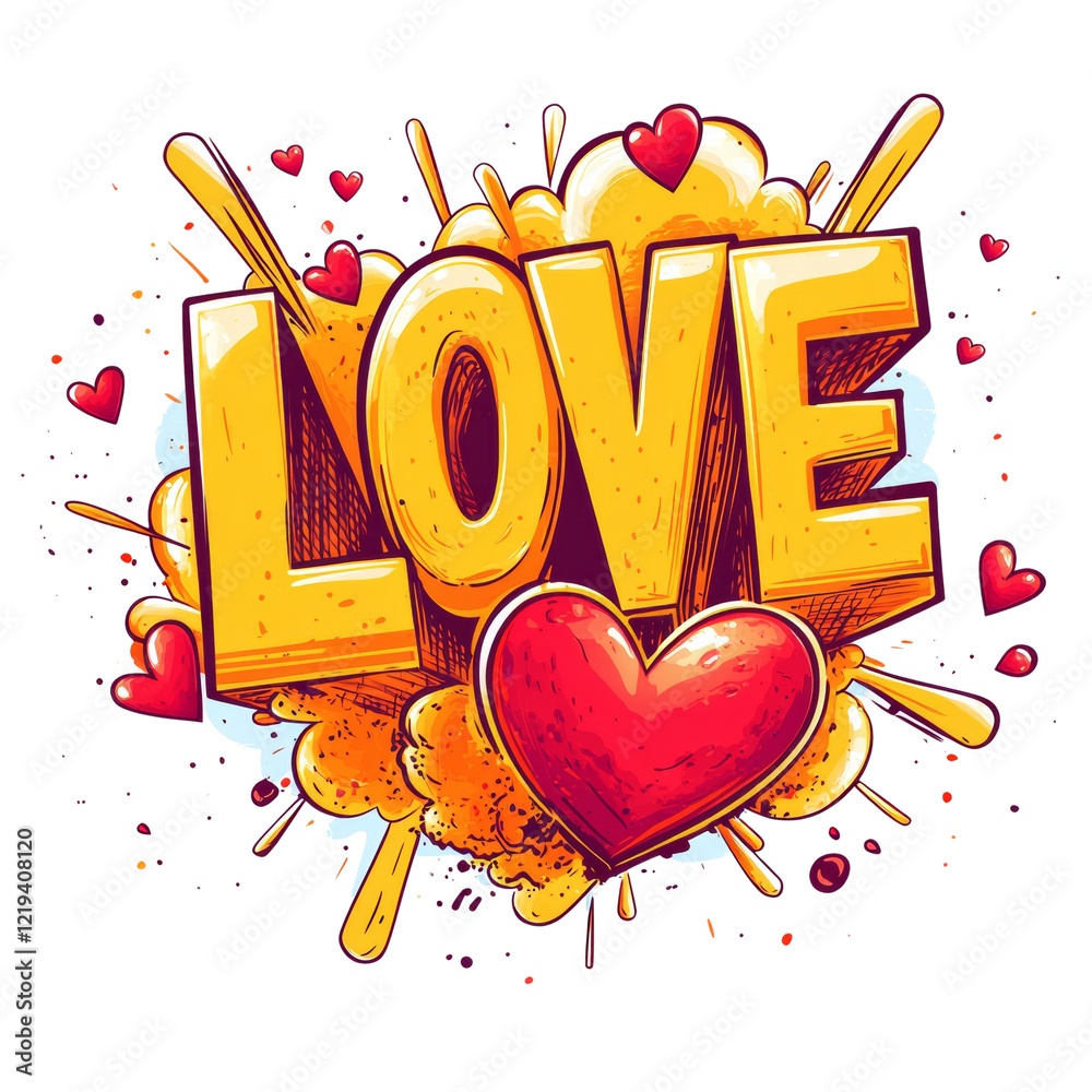 Poster a vibrant graphic design showcasing the word love in bold yellow letters surrounded by exploding sha