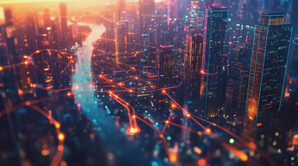 Fototapeta premium Smart digital Innovation city with connection network reciprocity over the twilight cityscape. of future smart wireless digital city and social media networking systems that connects people with city