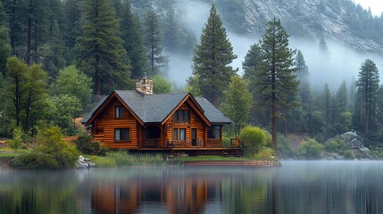 Fototapeta premium Rustic mountain cabin by a lake, cozy setting, misty morning, surrounded by pine trees 