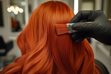 Naklejka premium Hair stylist painting red hair in a salon