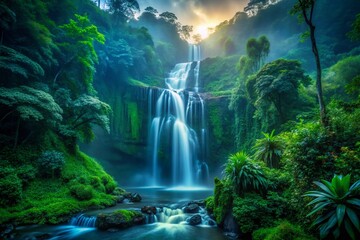Serene Waterfall in Lush Rainforest - Low Light Photography Stock Photo