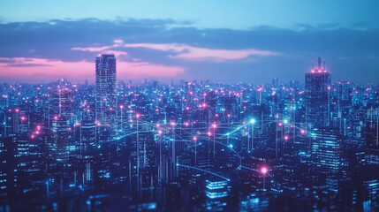 Fototapeta premium Smart digital Innovation city with connection network reciprocity over the twilight cityscape. of future smart wireless digital city and social media networking systems that connects people with city