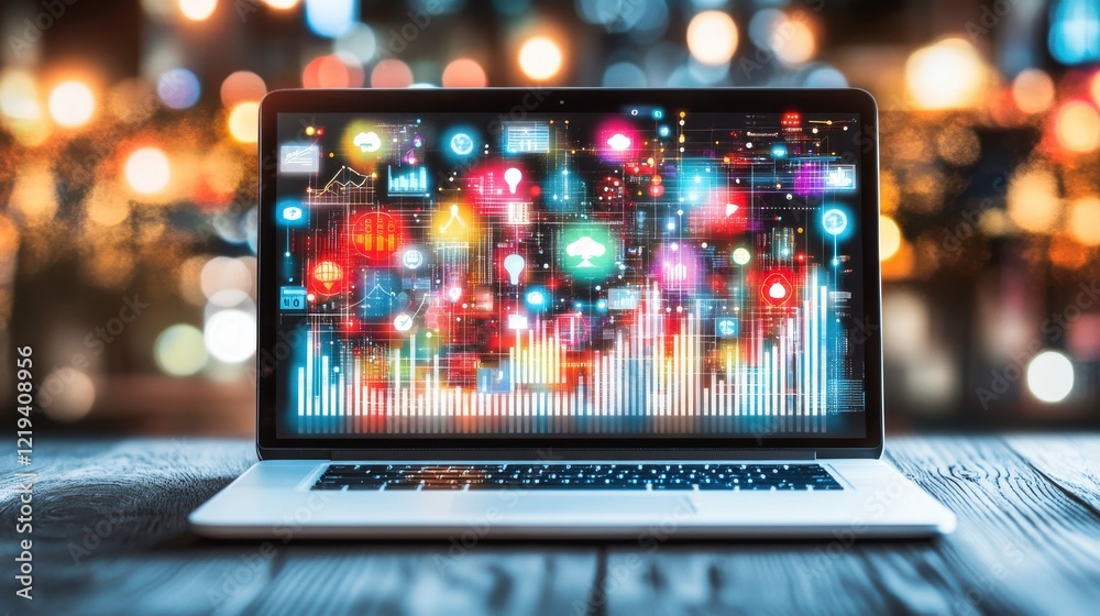 Poster real-time analytics on laptop displaying dynamic data