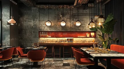 Modern restaurant interior featuring elegant seating, stylish lighting, and a vibrant bar area